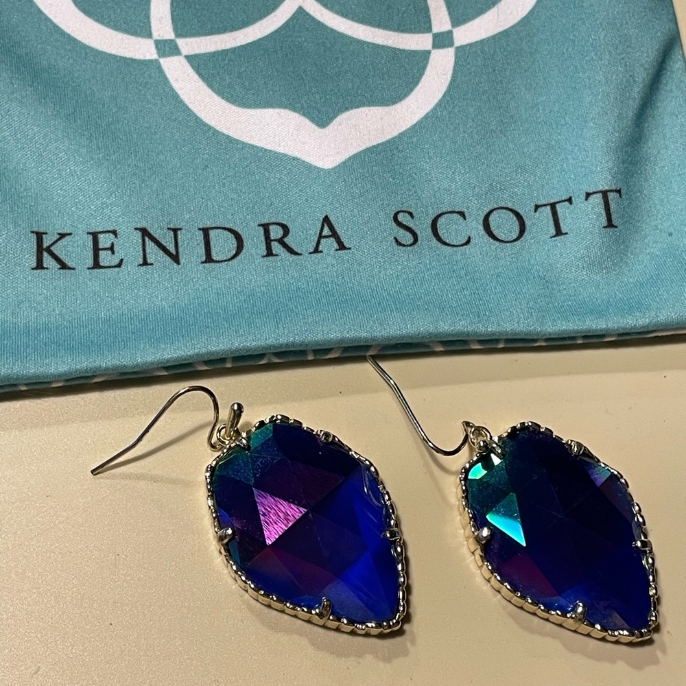 Kendra Scott Iridescent Blue Purple Green Drop Earrings Gold Corley w/pouch